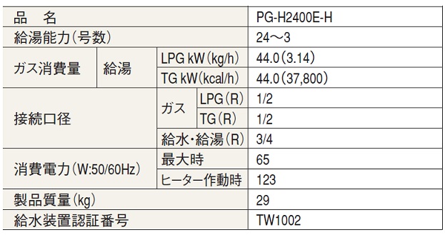 24号給湯専用 業務用エコジョーズ給湯器 排気フード対応 PG-H2400E-H